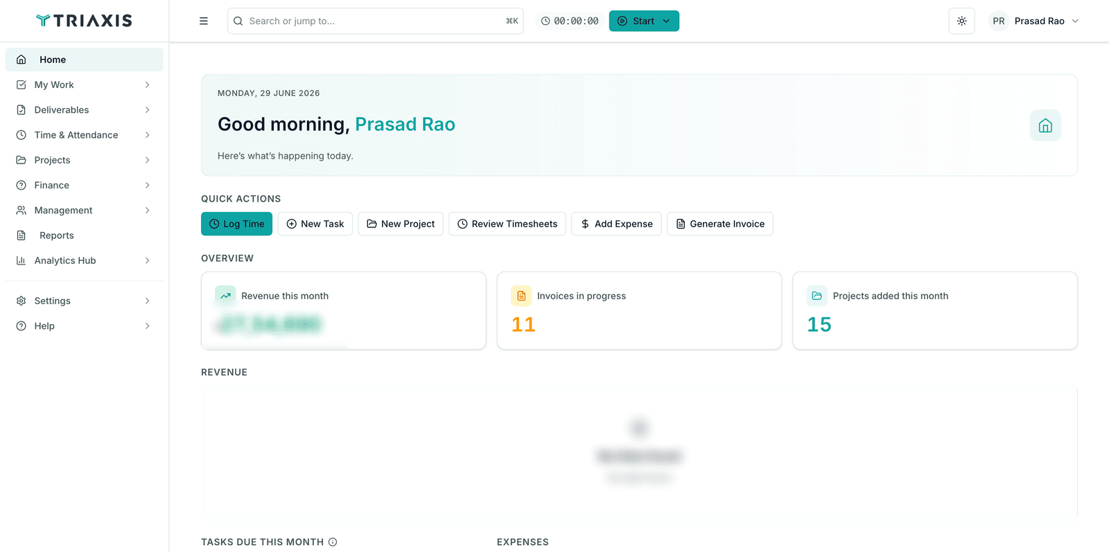 TriAxis practice dashboard — revenue this month, invoices in progress, and projects added overview